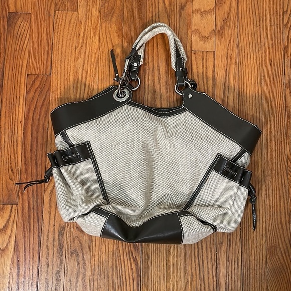 Francesco Biasia Beige Canvas Brown Leather Trim Shoulder Bag Tote Bag - Picture 2 of 14